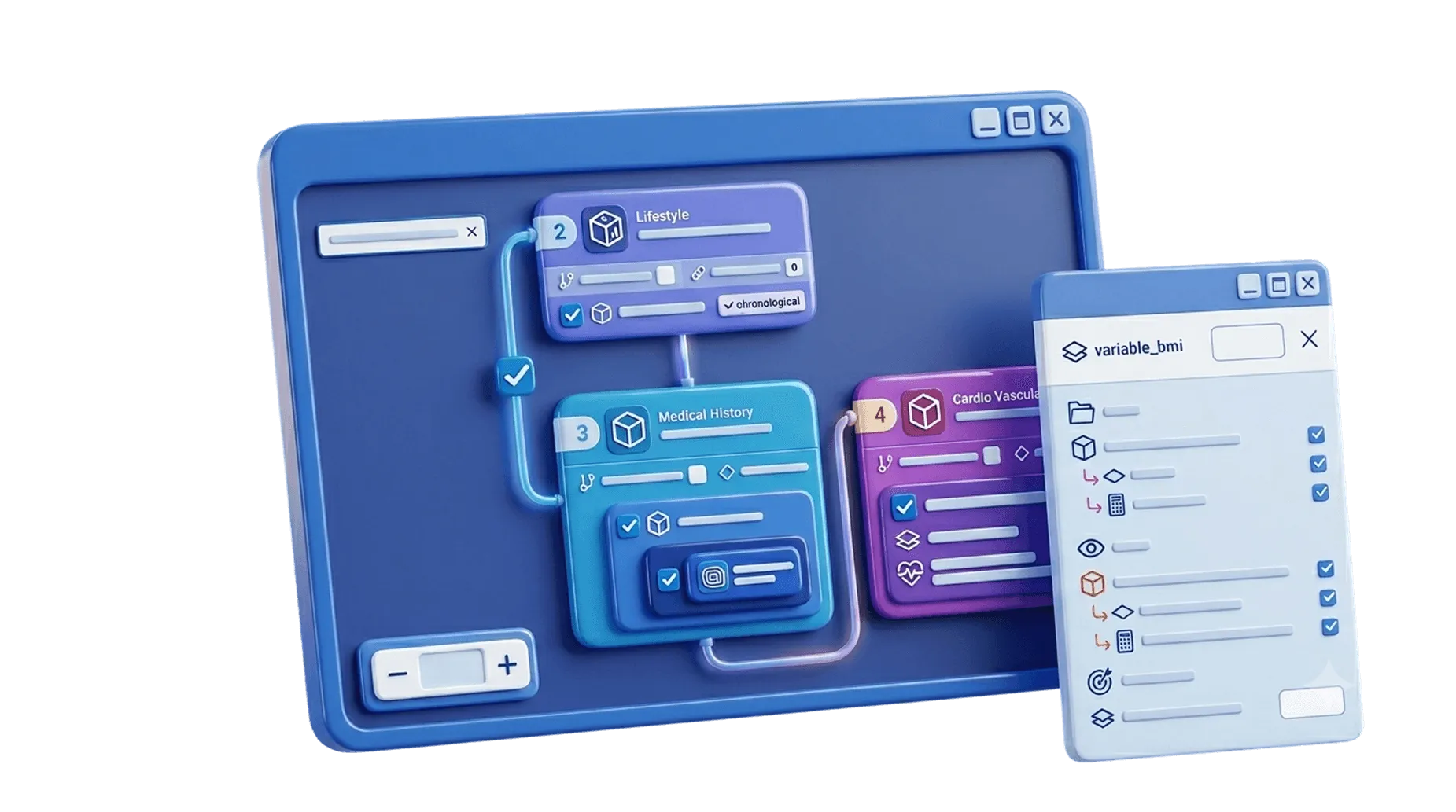Illustratie van de BRMS-interface met configuratiestappen en een variabelenpaneel